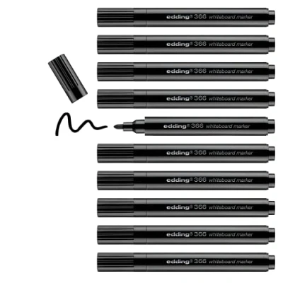 Afbeelding van edding 366 whiteboard marker zwart 10 smalle ronde punt 1 mm droog uitwisbaar voor whiteboards, glas, magneetborden en memoborden