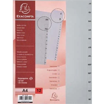 Afbeelding van Exacompta tabbladen maandelijks A4, uit PP, 12 tabs, jan dec, grijs, Frans