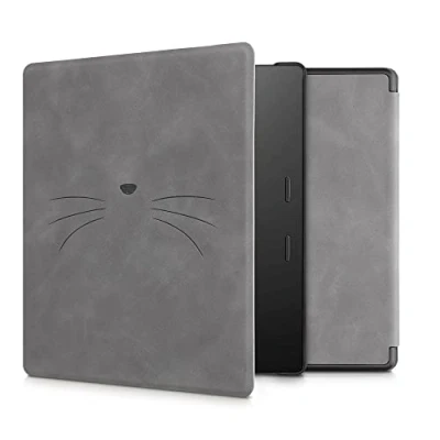 Afbeelding van kwmobile e reader hoesje compatibel met Amazon Kindle Oasis 10. Generation Kunstleren ereader cover stand Kat Miauw in grijs
