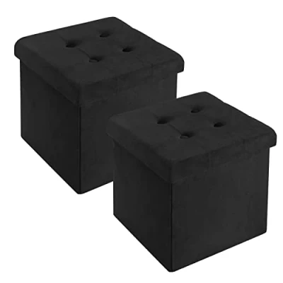 Afbeelding van WOLTU Set van 2 opvouwbare krukken, zitkubus met opbergruimte, zitbank, kist, opbergdoos, afneembaar deksel, gevoerde zitting fluweel, 37,5 x 38 cm (l b h), zwart