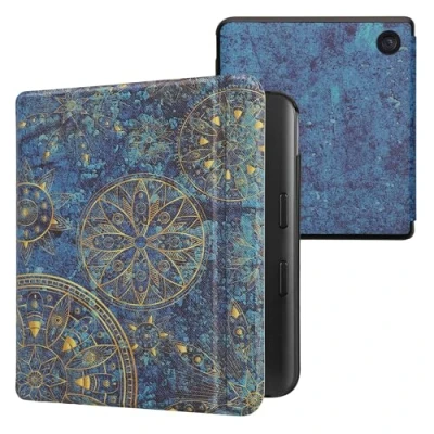 Afbeelding van kwmobile E reader hoesje geschikt voor Kobo Libra Colour hoes flip case met magnetische sluiting Ereader cover Mandala design in geel / donkerblauw