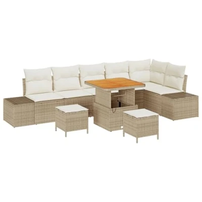 Afbeelding van vidaXL 9 delige Tuin Sofa Set met Kussens Beige Poly Rattan Acacia, 2 zits Rattan, 3 Eetset Acacia