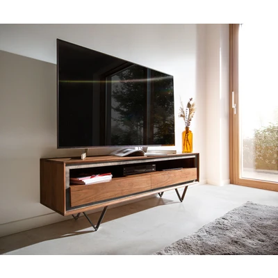 Afbeelding van Tv meubel Stonegrace acacia bruin steenfineer 145 cm 2 laden 1 legplank V poot zwart