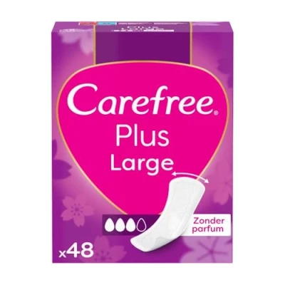 Afbeelding van Carefree Plus Large inlegkruisjes met ultieme verbeterde kern, licht parfum, absorptiegraad drie, maat L, extra breed, verpakking van 48 stuks