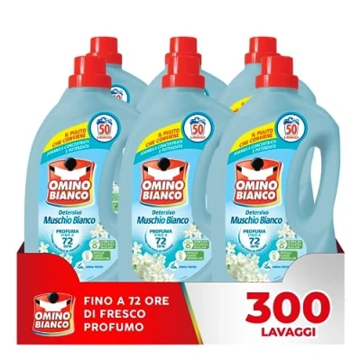 Afbeelding van Omino Bianco Vloeibaar wasmiddel, 300 wasbeurten, respecteert kleuren en stoffen, frisse geur met witte muskusessence, 2000 ml x 6 verpakkingen