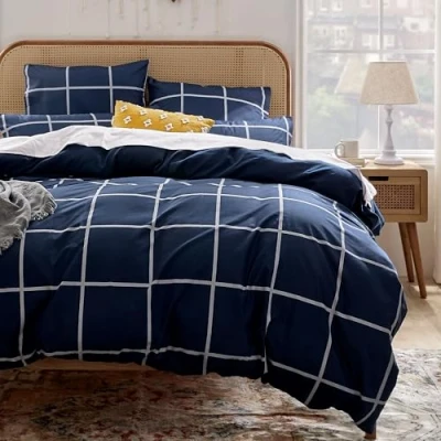 Afbeelding van Sonive Beddengoedset, microvezel, 155 x 200 cm, 80 cm 2, eenvoudige marineblauwe ruiten