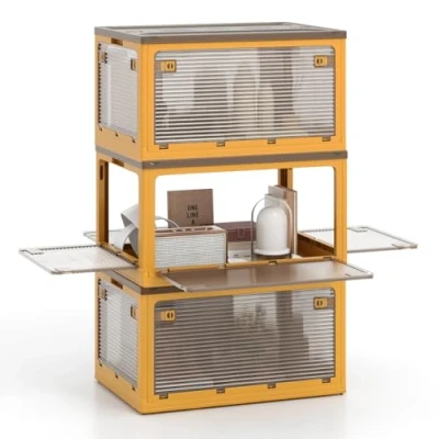 Afbeelding van COSTWAY Opbergdozen, opvouwbaar, 98 l, 3 stapelboxen, opbergcontainers, kunststof doos met deksel, wielen en 5 deuren, rolboxen voor thuis, op kantoor de camping, geel
