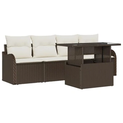 Afbeelding van vidaXL 5 delige Tuin Sofa Set met Kussens Bruin Poly Rattan, 2 Persoons Opbergruimte &amp; Rattan