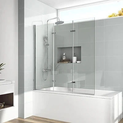 Afbeelding van EMKE Douche scheidingswand voor badkuip, 120 x 140 cm, douchewand opvouwbaar, douchewand, badkuipopzetstuk, 3 delig, 6 mm veiligheidsglas, badkuip