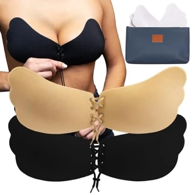 Afbeelding van ILLURE® Zelfklevende beha [verpakking van 2] Strapless, onzichtbare, herbruikbare push up Zwart en beige