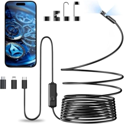 Afbeelding van Vexloria endoscoopcamera met licht, 1920p HD dual lens, IP68 waterdicht, geen wifi nodig, inspectiecamera 8 ledlicht, voor mobiele telefoon Android, iOS en tablet, halfstijf