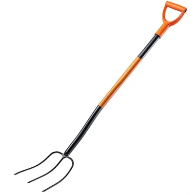 Afbeelding van KADAX Spatvork van staal, 135 cm lange vork, hooivork, grafvork om te graven, ergonomische tuinvork, mestvork, vork met D greep, tuinvork (3 tanden, zwart/oranje)