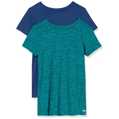 Afbeelding van Amazon Essentials Dames Tech Stretch T shirt met korte mouwen en ronde hals (verkrijgbaar in grote maten), 2 Pack, Blauw/Blauwgroen Ruimteverf, L