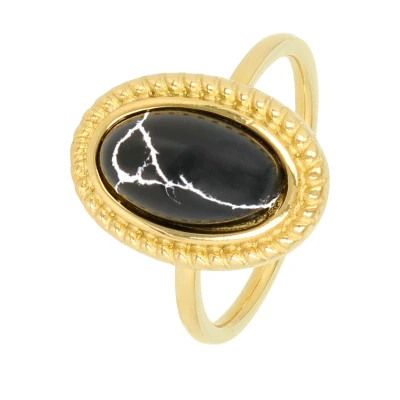 Afbeelding van Vintage ring goudkleurig Met zwarte steen marmeren Stainless steel luxe cadeauverpakking