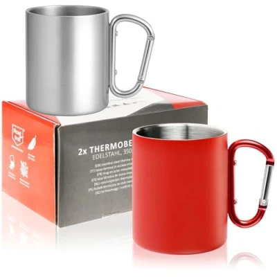 Afbeelding van 2 x roestvrijstalen thermosbekers met karabijnhaak handvat 350 ml per koffiekop thermische drinkbeker onbreekbaar dubbelwandige isolatiebekers (2 stuks roestvrij staal)