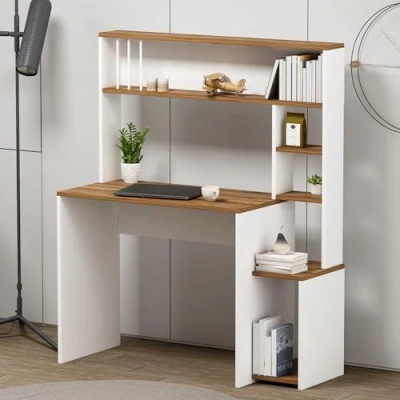 Afbeelding van HOMIDEA Olivia computerbureau, werktafel met werkbladen, deuren, modern ontwerp, kantoor, woonkamer, kinderkamer (olijfgroen, wit)