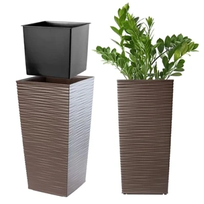 Afbeelding van KADAX Bloempot, bloembak van kunststof, plantenbak voor bloemen, binnen en buiten, tuin, balkon, terras, huis, weerbestendig, rotan imitatie (36,5 cm hoogte, mokka)
