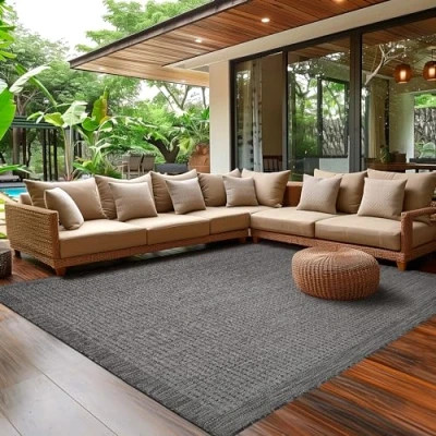 Afbeelding van Buitentapijt voor Terras, Balkon en Tuin, Keukentapijt in Effen Ontwerp, Weerbestendig Platgeweven met Sisal Look, Wasbaar Tapijt Diverse Maten Kleuren 160 x 230 cm, Zwart