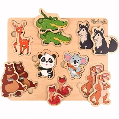 Afbeelding van Pikatoyz kinderpuzzel van 1, 2 3 jaar. Leerspel bestaande uit Montessorispeelgoed met bosdieren. Ideale Houten puzzel om cadeau te geven. legpuzzel 1