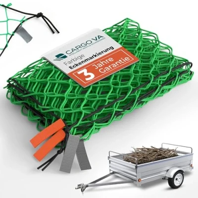 Afbeelding van CargoVA® aanhangernet, 2,5 x 3,5 m, hangnet met rubberen touw en hoekmarkering, voor perfecte ladingbeveiliging