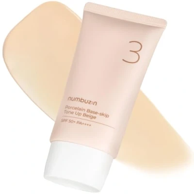 Afbeelding van numbuzin Nr. 3 Porselein Base Skip Tone Up Beige 1,69 fl oz/ 50 ml in 1, getinte vochtinbrengende crème, zonwering, poeder, compenseert de huidtint, verstevigende natuurlijk