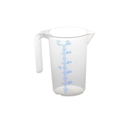 Afbeelding van hünersdorff Maatbeker 0,5 l, polypropyleen (PP), onbreekbaar en vaatwasmachinebestendig, open handvat, transparant + blauw