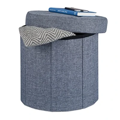 Afbeelding van Relaxdays zitkruk met opslagruimte, rond, HxBxD: 38 x cm, gepolsterde voetenbank, opbergpoef, donkergrijs