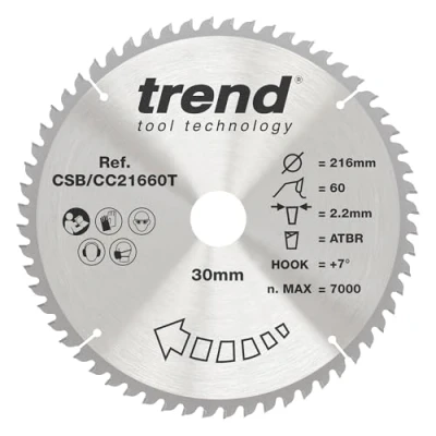 Afbeelding van Trend CraftPro crosscutting TCT cirkelzaagblad met positieve haaksnede, 216 mm diameter x 60 tanden 30 asgat, wolfraamcarbide getipt, CSB/CC21660T