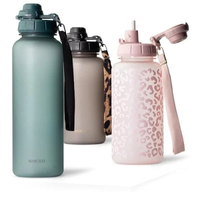 Afbeelding van MAMEIDO Drinkfles 1,5l met rietje &amp; tijdmarkering als drinkherinnering, lekvrije waterfles, BPA vrije sportfles, gym fles van Tritan (Ocean Bloom, 1500ml)