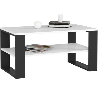Afbeelding van Salontafel ALEX Wit/Zwart Moderne Design 92cm Brede Tafel met Verstelbare Hoogte en Zwarte Poten Hoogwaardige Gelamineerde Plaat Zelfmontage Nodig