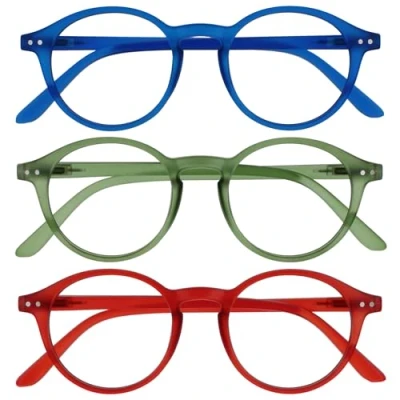 Afbeelding van OPULIZE REY Leesbril 3 Pack Retro Rond Montuur Matblauw, Groen, Rood Heren Dames Veerscharnieren RRR56 36Z +3.50