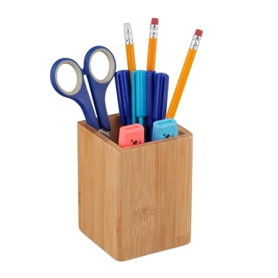 Afbeelding van Relaxdays pennenbak bamboe, voor pennen, make up kwasten, HxBxD: ca. 11 x 8 cm, pennenhouder bureau, natuur