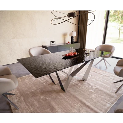 Afbeelding van DELIFE Eetkamertafel Edge 180 220x100 Glas smelten rokerig zwart 3D Relief spider vlak staal RVS uitschuifbaar