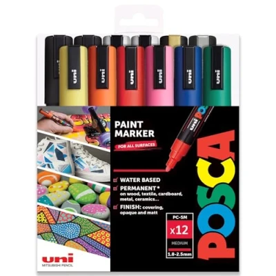 Afbeelding van Uni Posca PC 5M professionele markeerstiften, set van 12 met extra zwarte en witte markeerstiften