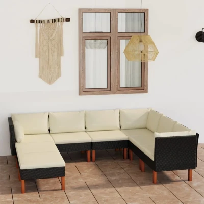 Afbeelding van 8 delige Loungeset met kussens poly rattan zwart
