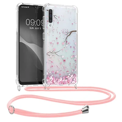Afbeelding van kwmobile telefoonhoesje geschikt voor Samsung Galaxy A50 Hoesje met telefoonkoord Back cover smartphone Case in poederroze / donkerbruin transparant