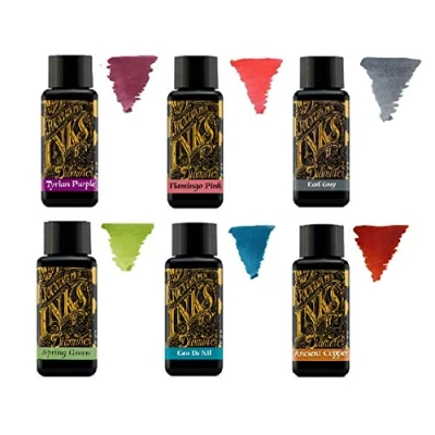 Afbeelding van Diamine Vulpeninkt 30ml Kleurenwiel 6 x Flessen Tyrian Purple, Flamingo Pink, Earl Grey, Spring Green, Eau de Nil, Ancient Copper