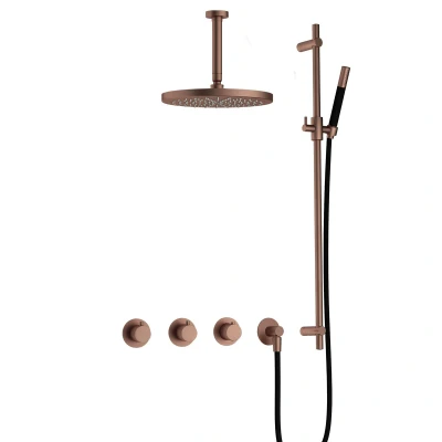 Afbeelding van Hotbath Cobber Regendoucheset IBS70 Geborsteld Koper PVD Staaf handdouche 30cm Hoofddouche 15cm Plafondbuis Handouche met glijstang