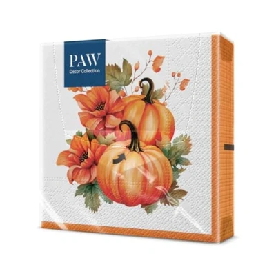 Afbeelding van PAW Papieren Servetten 3 laags (33 x 33 cm) 20 Stuks Thema met Pompoenen Warme Kleuren en Motieven Feest Tafelversiering Gezellige Herfstdecoratie Kleur: Pumpkin With Flowers
