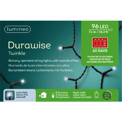 Afbeelding van LED Durawise twinkle buitenverlichting op batterij helder wit 96 lampjes Kerstverlichting kerstboom