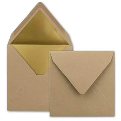 Afbeelding van 50 vierkante enveloppen, 15,5 x cm, cappuccino (bruin), gevoerd met goudpapier, natte plakrand FarbenFroh by GUSTAV NEUSER