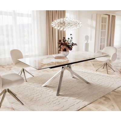 Afbeelding van DELIFE Eetkamertafel Edge 180 220x100 keramiek Minas Melange wit beige kruisframe rechthoek RVS uitschuifbaar