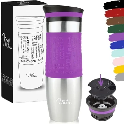 Afbeelding van thermobeker 370ml 450ml isoleerbeker koffiebeker to go 100% lekvrij drinkbeker van roestvrij staal dubbelwandige isolatie reismok (paars, 450ml)