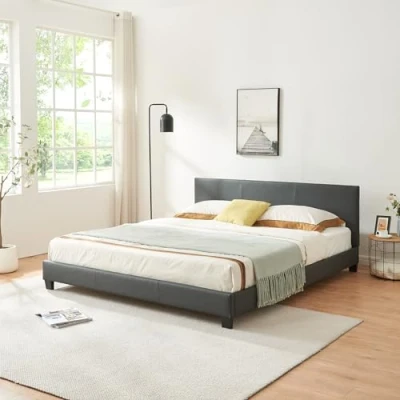 Afbeelding van Houten bed met bedbodem kunstleer 180x200 cm donkergrijs