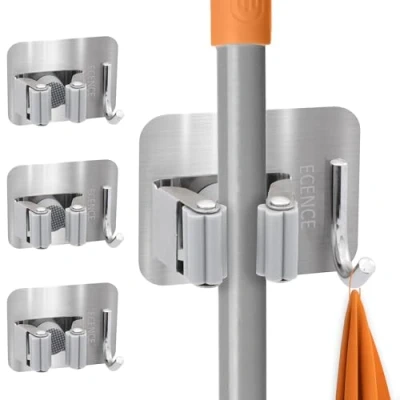 Afbeelding van ECENCE 4x Zelfklevende gereedschapshouder met haak Zilver bezemhouder, wandhouder voor keuken, bijkeuken, badkamer, universele houder snelsluiting