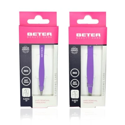 Afbeelding van Beter Set van 2 professionele wenkbrauwpincetten, schuine punt, soft touch oppervlak, roestvrij staal