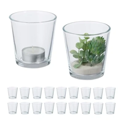 Afbeelding van Relaxdays Theelichtglazen, set van 20, theelichthouders glas, tafeldecoratie, H x D: 7,5 cm, kaarsglazen, transparant