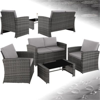 Afbeelding van tectake® Wicker zitgroep loungeset tuinset Lucca 1 bank/2 stoelen/1 tafel met glasplaat grijs 404918