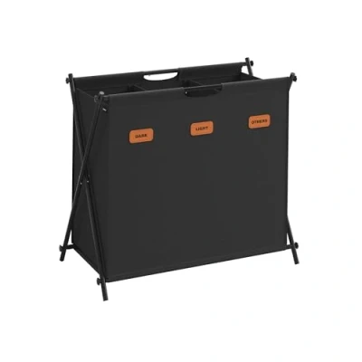 Afbeelding van SONGMICS Wasmand, wasmand 135 liter, wasbox, 3 vakken, opvouwbaar X frame, individuele labels, voor wasruimte, slaapkamer, badkamer, inktzwart LCB130B01