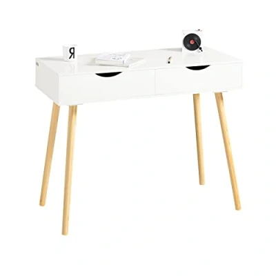 Afbeelding van SoBuy FWT40 WN Bureau Bureautafel Computertafel Kantoortafel kinderbureau met 2 Lades Wit/Naturel